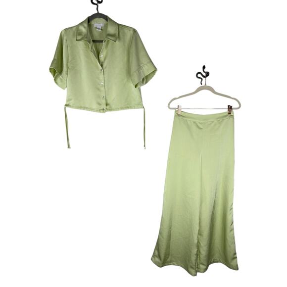 House Of Harlow 1960 Satin Crop Top Wide Leg Pants Set Green Party Vacation S - Picture 1 of 9